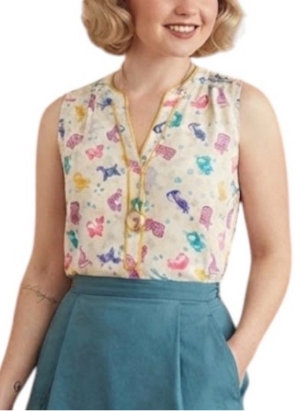 MODCLOTH Chinese Zodiac Print Sleeveless Button Down Blouse White XXS